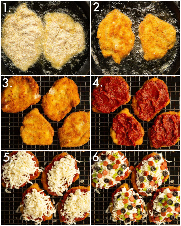 6 step by step photos showing how to make chicken parmesan