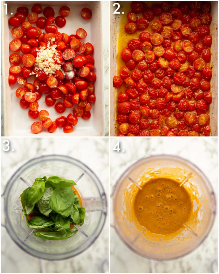 4 step by step photos showing how to make roasted tomato sauce