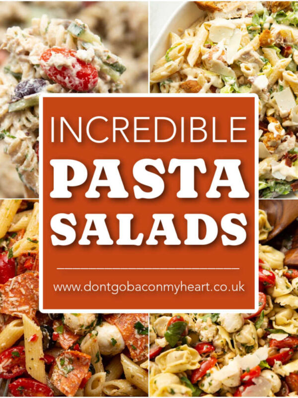 pasta salads collage with text box overlay