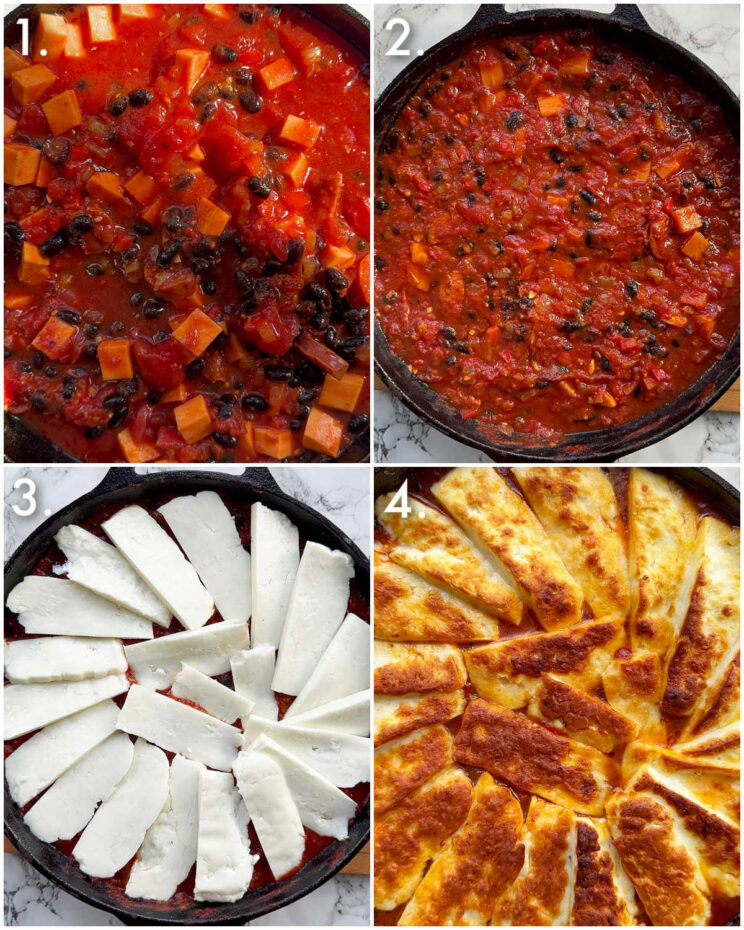 4 step by step photos showing how to make halloumi hotpot