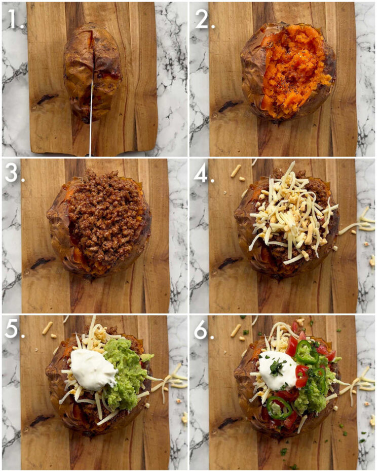 6 step by step photos showing how to make taco stuffed sweet potatoes