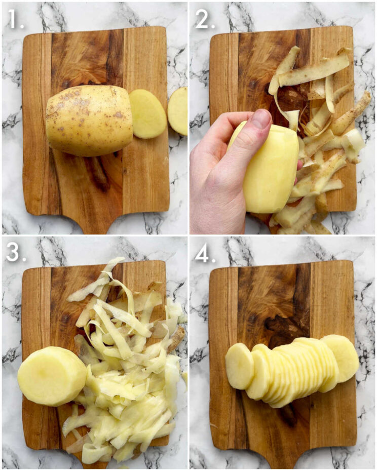 4 step by step photos showing how to prepare potato stacks