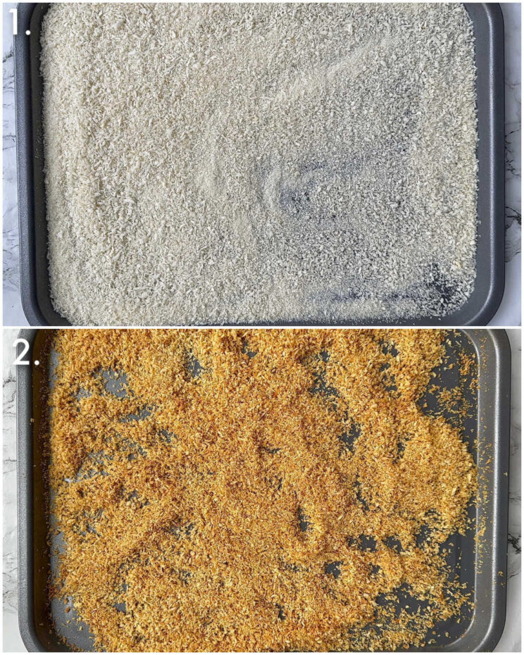 2 step by step photos showing how to toast panko breadcrumbs