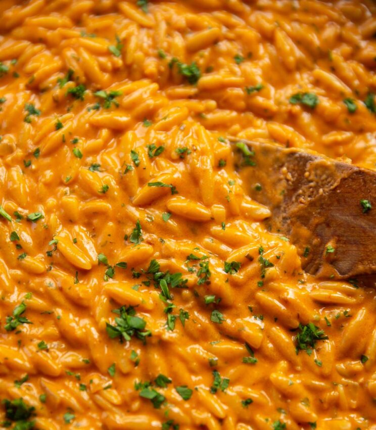 close up shot of 'nduja orzo in large pan with wooden spoon digging in