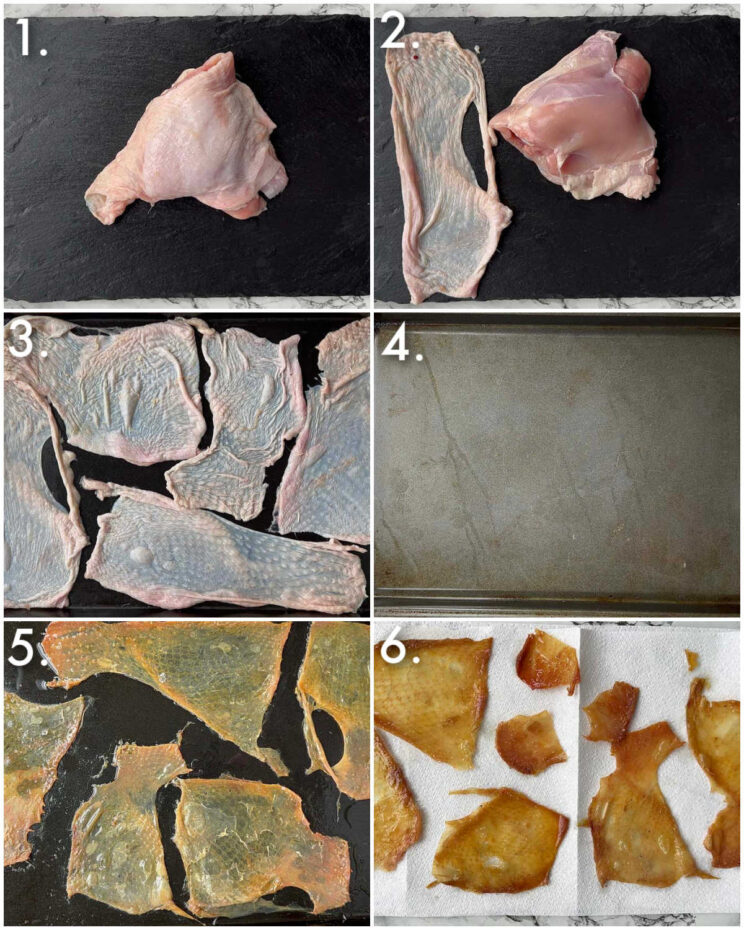 6 step by step photos showing how to make crispy chicken skin