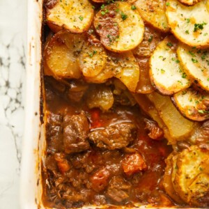 close up shot of steak and potato pie showing filling