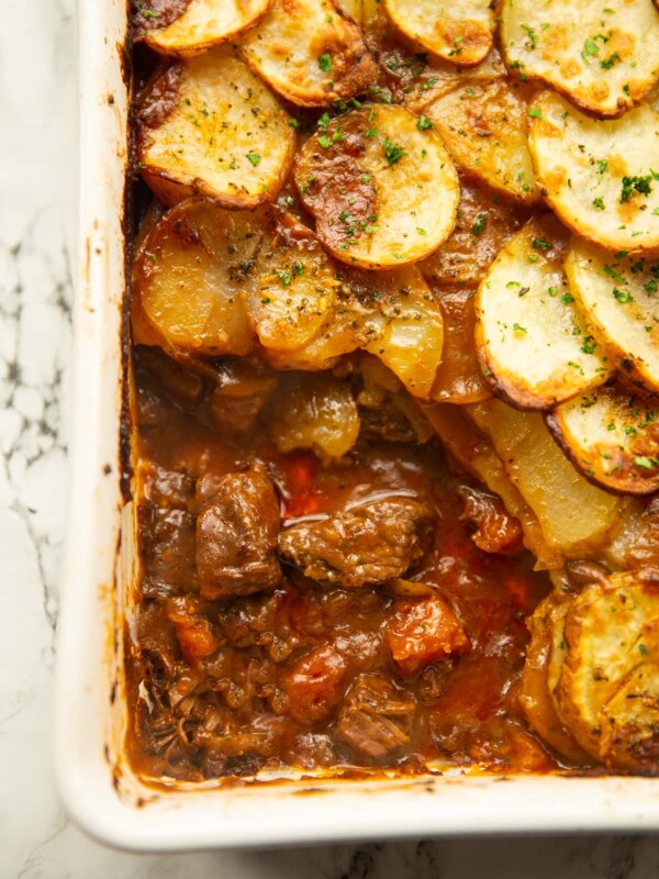 close up shot of steak and potato pie showing filling