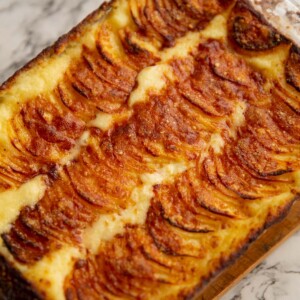 mashed potato gratin fresh out the oven in large baking dish