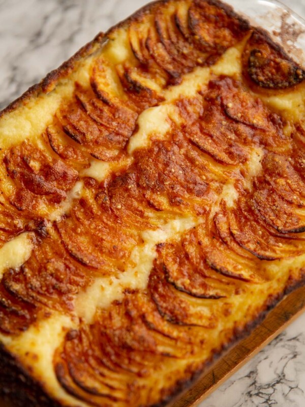 mashed potato gratin fresh out the oven in large baking dish