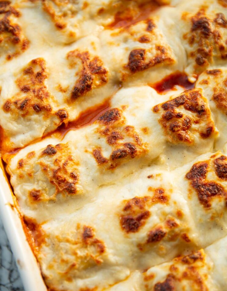 close up shot of ravioli beef bake fresh out the oven