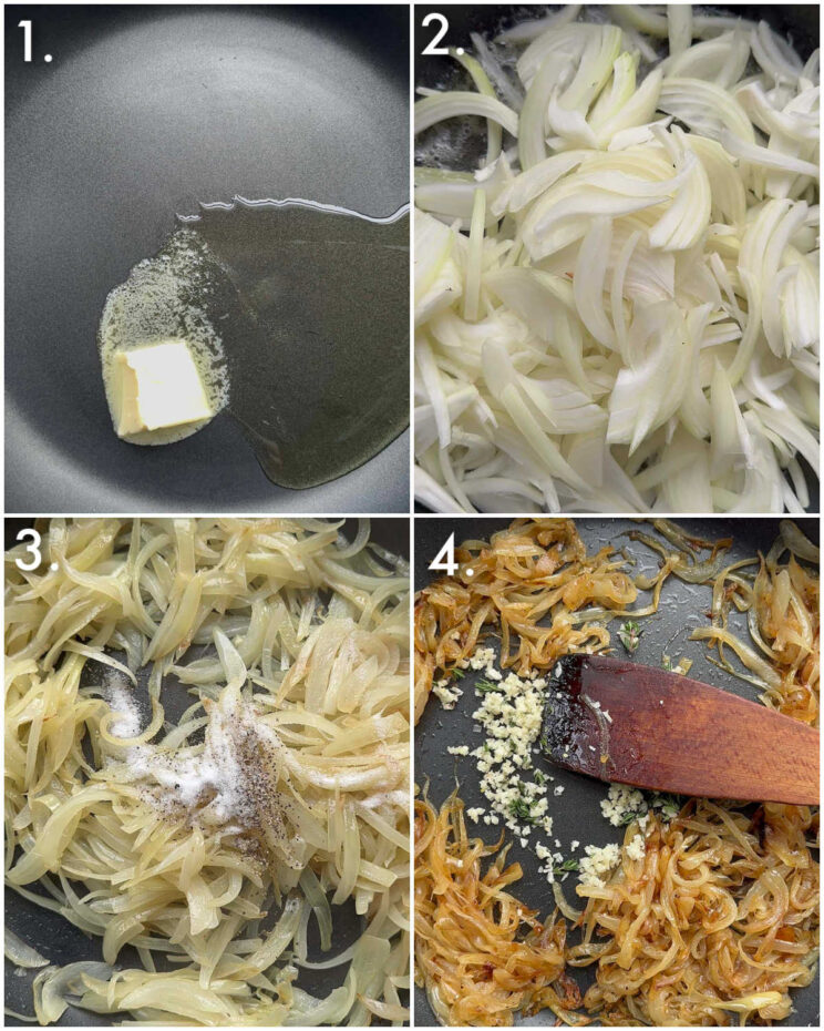 4 step by step photos showing how to caramelize onions