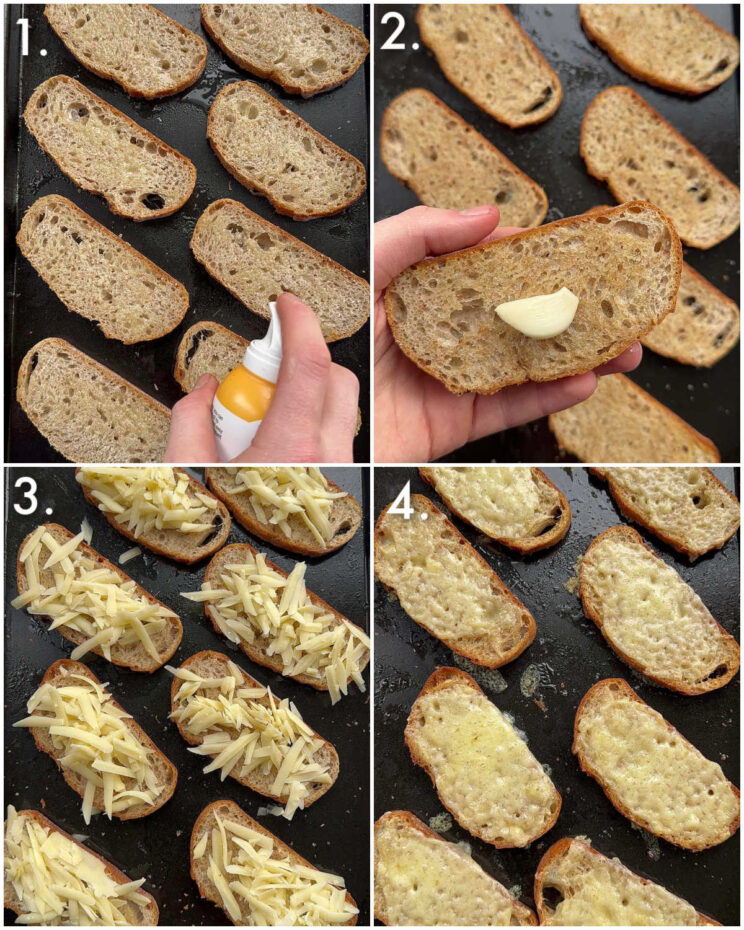 4 step by step photos showing how to make cheesy crostini