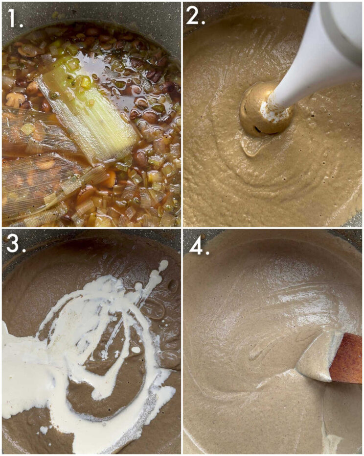 4 step by step photos showing how to make creamy mushroom soup