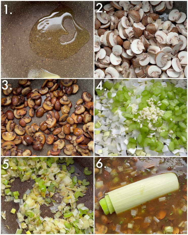 6 step by step photos showing how to make mushroom soup