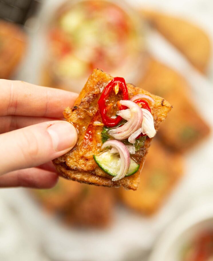 close up overhead shot of hand holding crispy thai pork toast