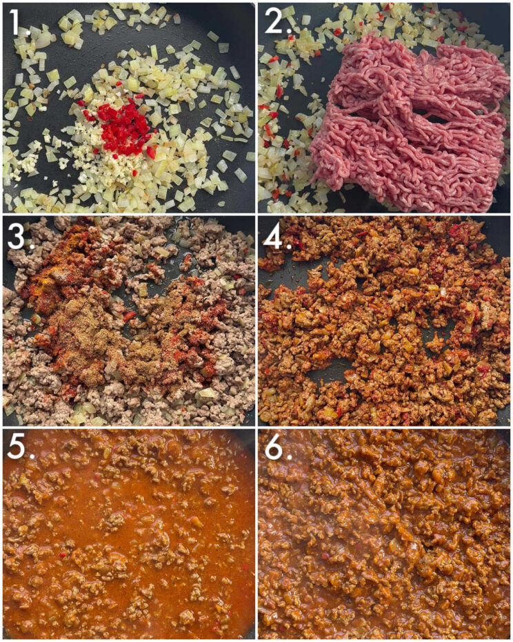 6 step by step photos showing how to make spiced shepherds pie filling