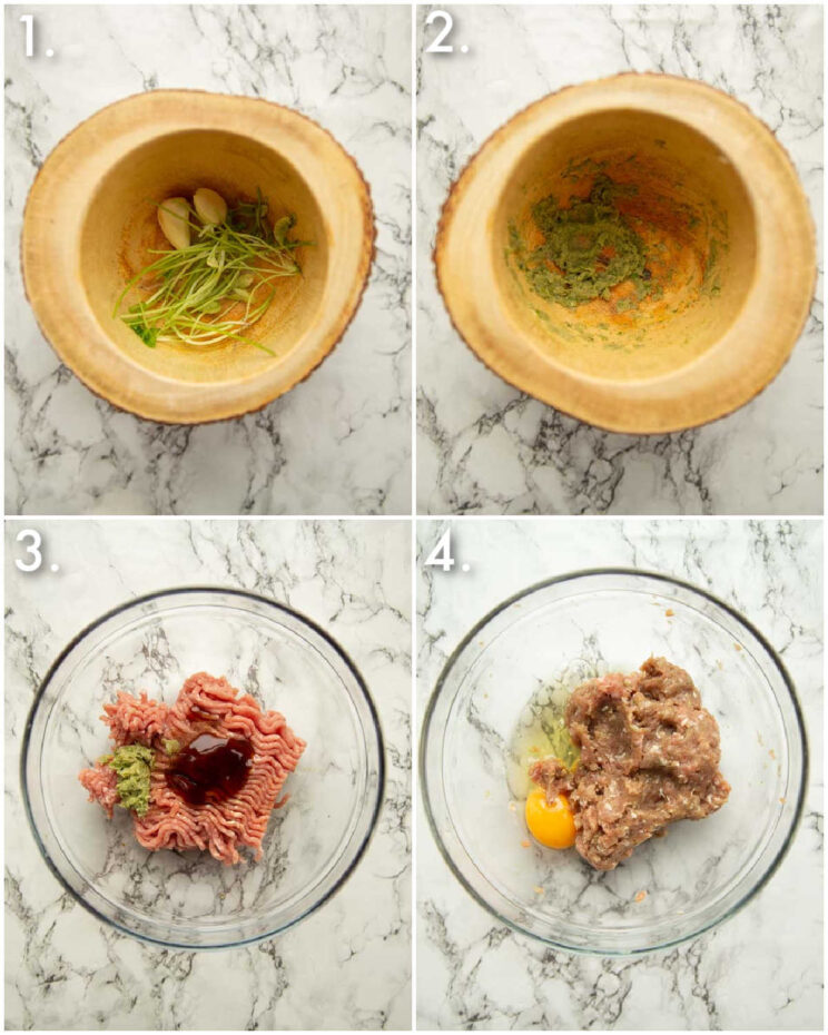 4 step by step photos showing how to make thai pork mince