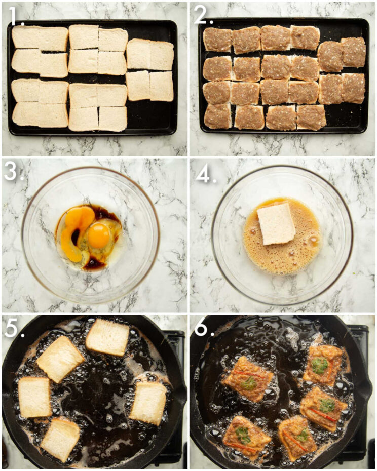 6 step by step photos showing how to make thai pork toast