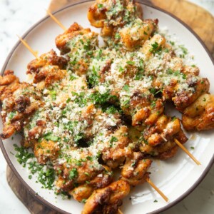 four air fryer garlic parmesan chicken skewers on small white plate