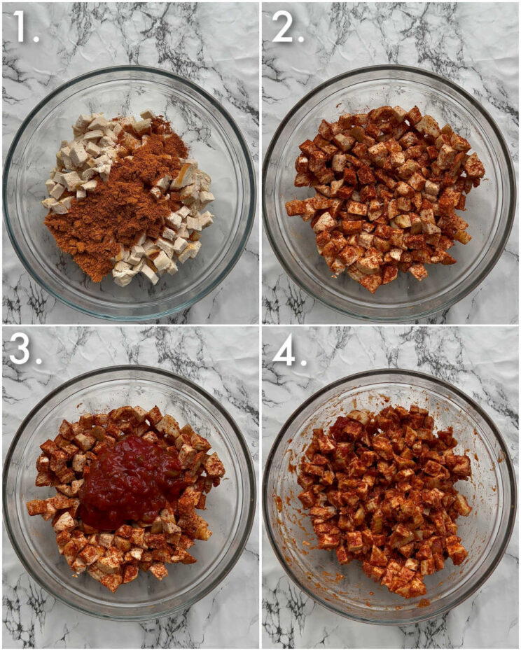 4 step by step photos showing how to make chicken taco filling