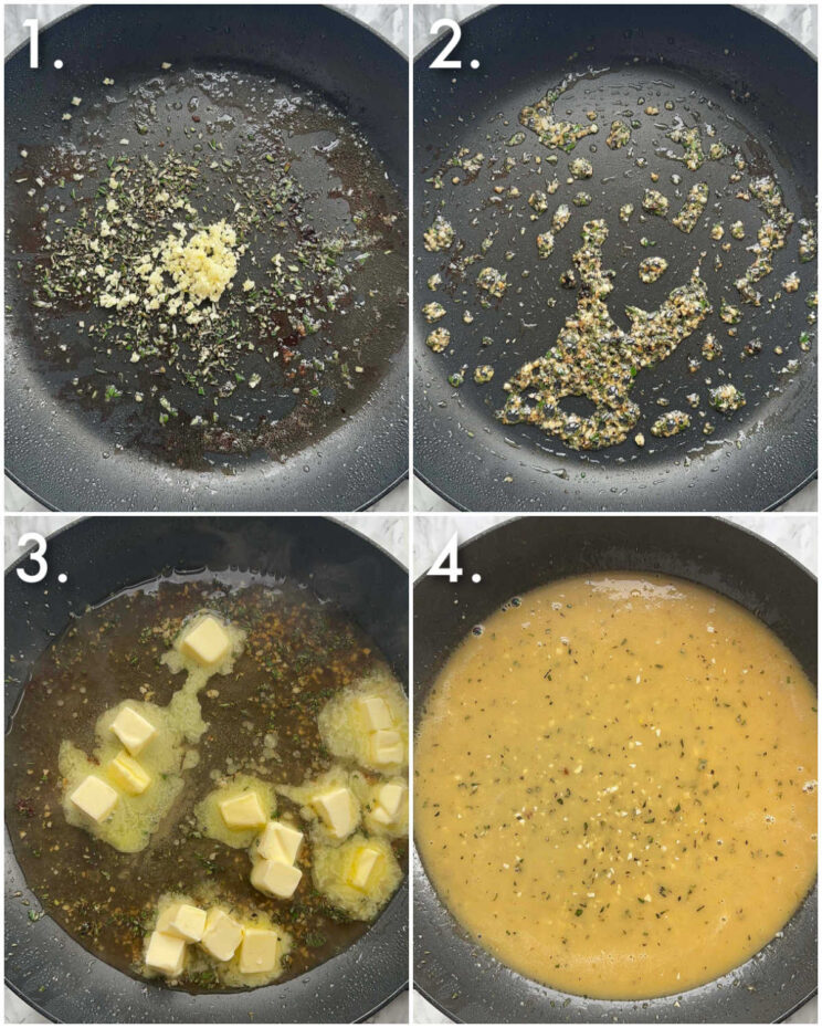 4 step by step photos showing how to make rosemary garlic butter sauce