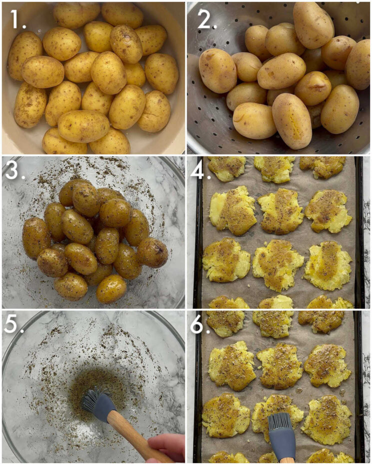 6 step by step photos showing how to make smashed potatoes