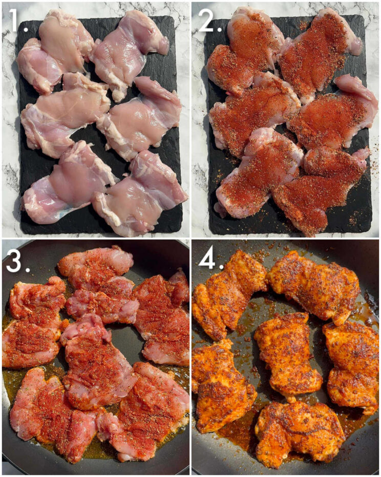 4 step by step photos showing how to fry chicken thighs