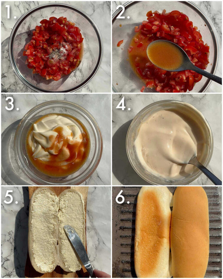 6 step by step photos showing how to make blt hot dogs