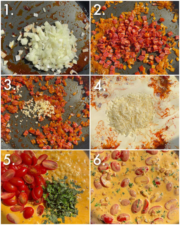 6 step by step photos showing how to make creamy chorizo sauce