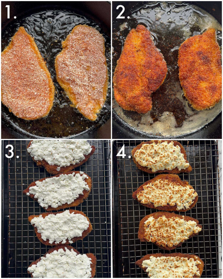 4 step by step photos showing how to make crispy feta chicken