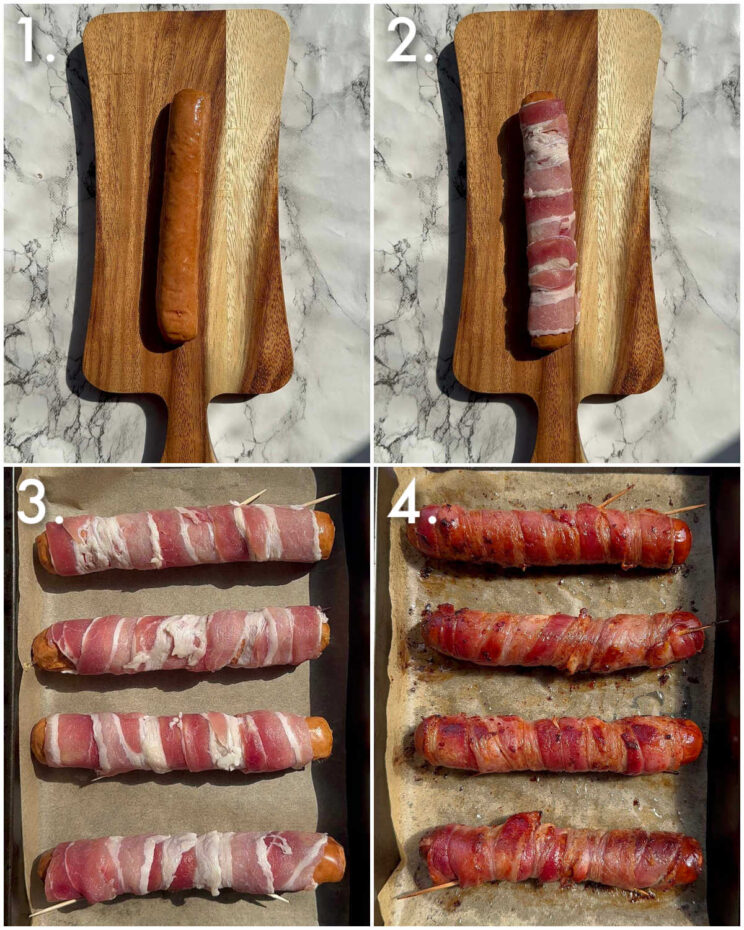 4 step by step photos showing how to make hot dogs wrapped in bacon