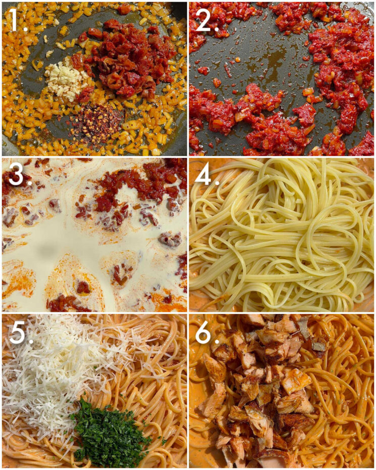 6 step by step photos showing how to make spicy salmon pasta