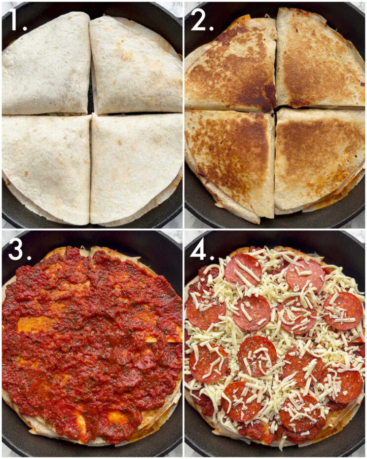 4 step by step photos showing how to make a tortilla pizza