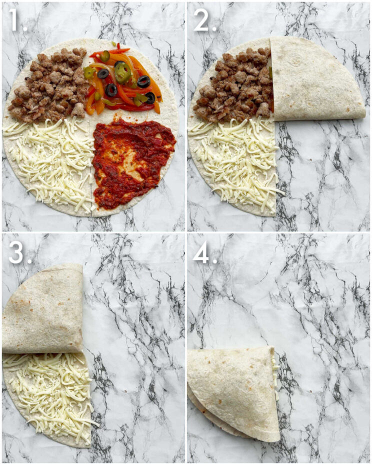 4 step by step photos showing how to make the viral tortilla wrap hack