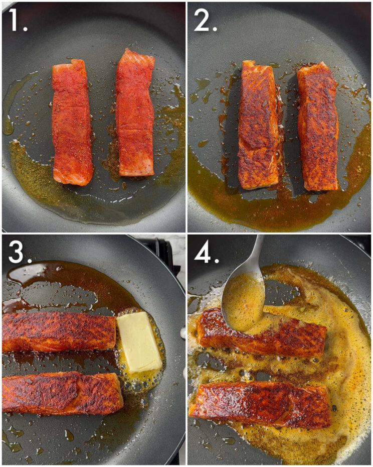 4 step by step photos showing how to pan fry salmon