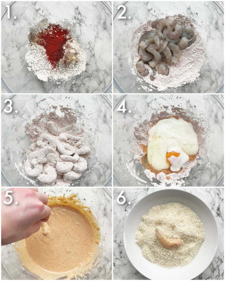 6 step by step photos showing how to prepare bang bang shrimp