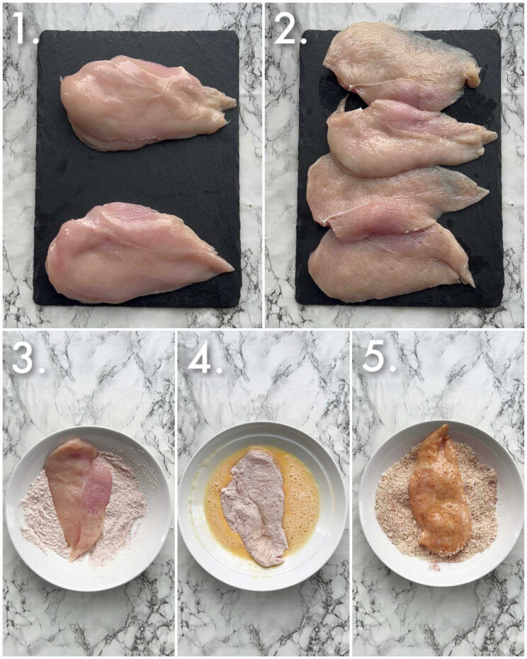 5 step by step photos showing how to prepare crispy chicken