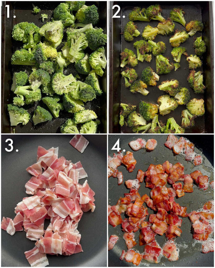 4 step by step photos showing how to cook broccoli and bacon
