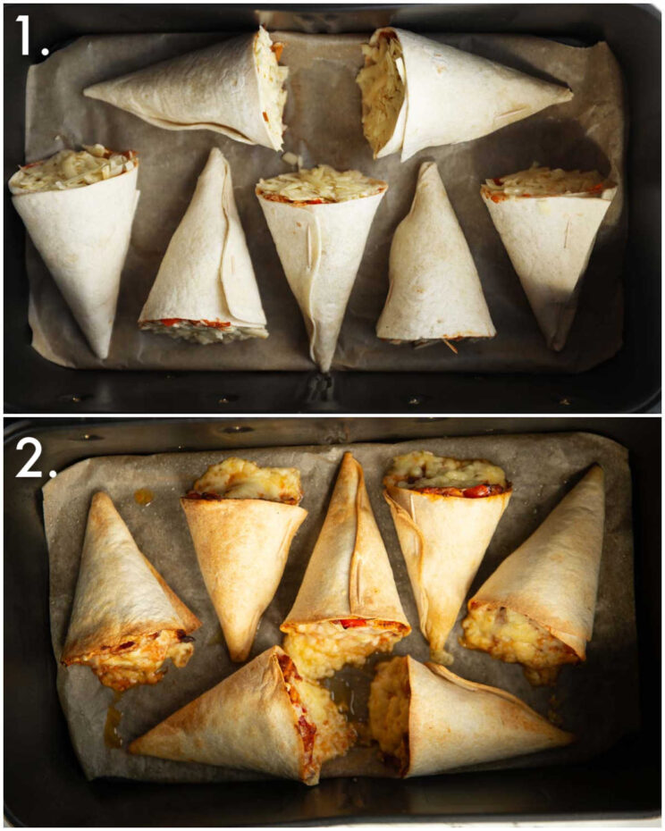 2 step by step photos showing how to cook quesadilla cones