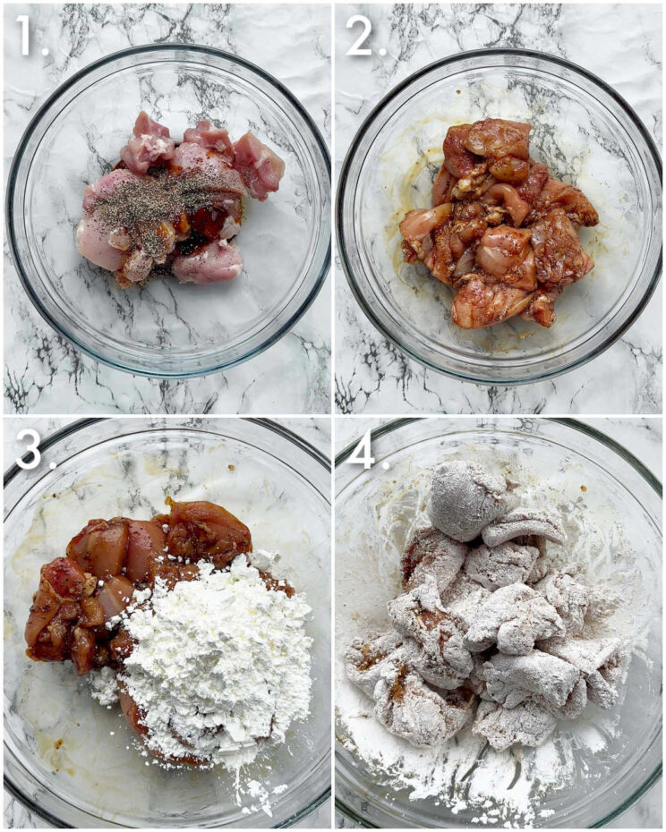 4 step by step photos showing how to make black pepper chicken