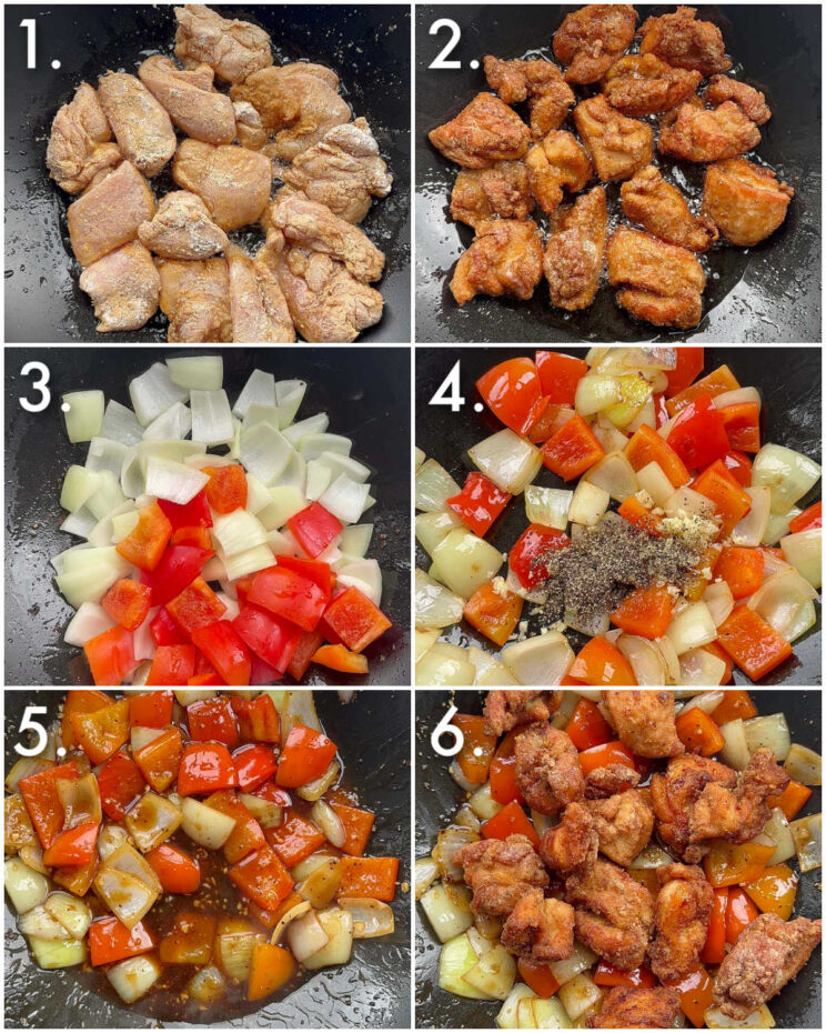 6 step by step photos showing how to make black pepper chicken stir fry