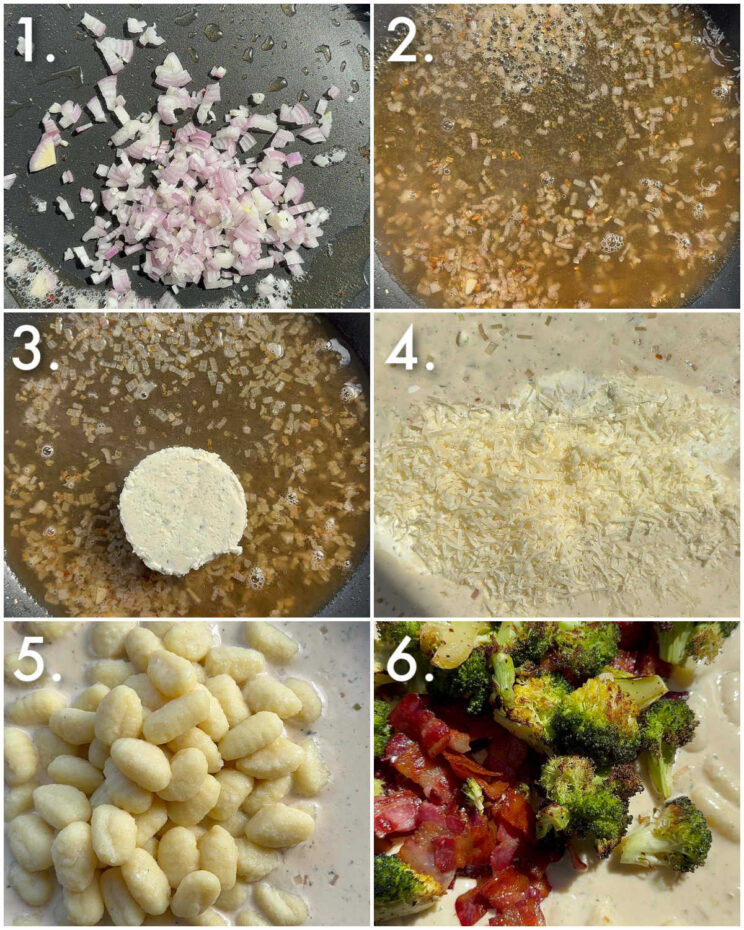 6 step by step photos showing how to make boursin gnocchi