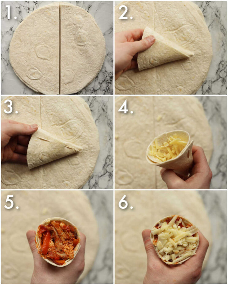 6 step by step photos showing how to make quesadilla cones