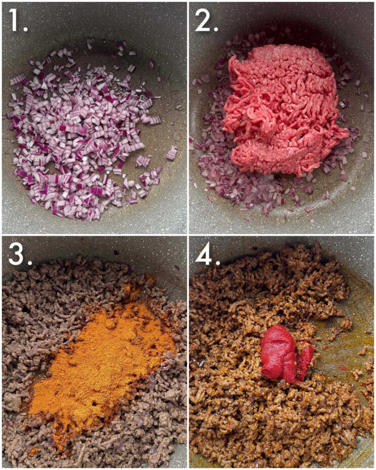 4 step by step photos showing how to make taco beef