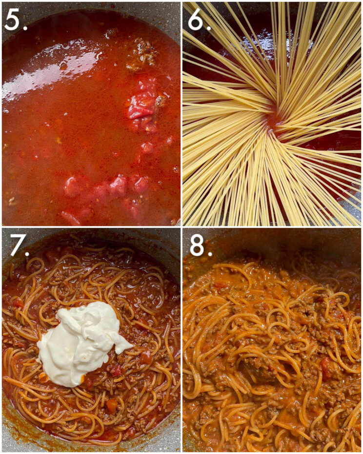 4 step by step photos showing how to make taco spaghetti