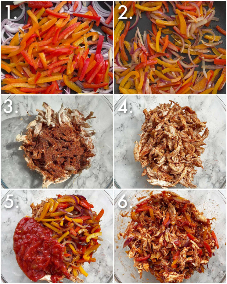 6 step by step photos showing quesadilla cone filling