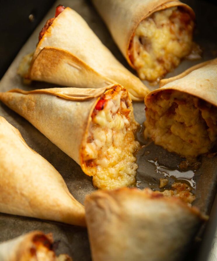 close up shot of quesadilla cones in the air fryer