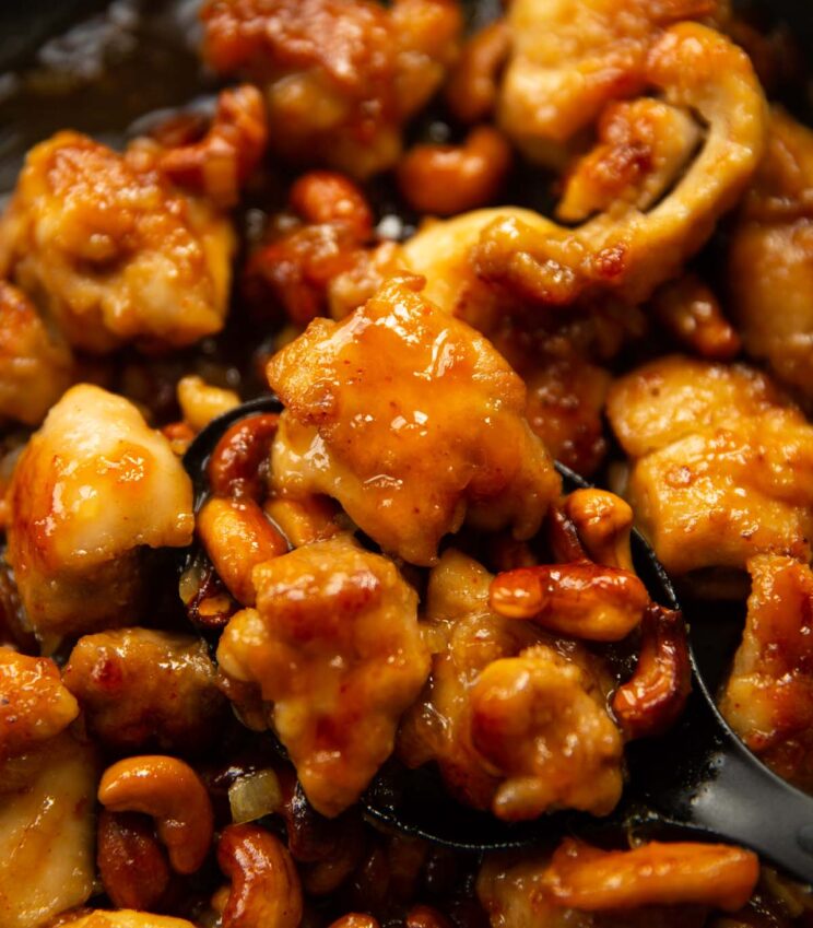 close up shot of apricot chicken in pan