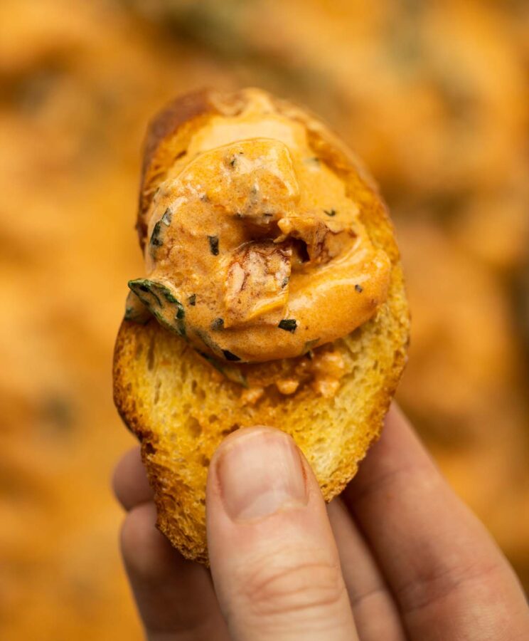 close up overhead shot of hand holding bread with creamy Tuscan prawn on it