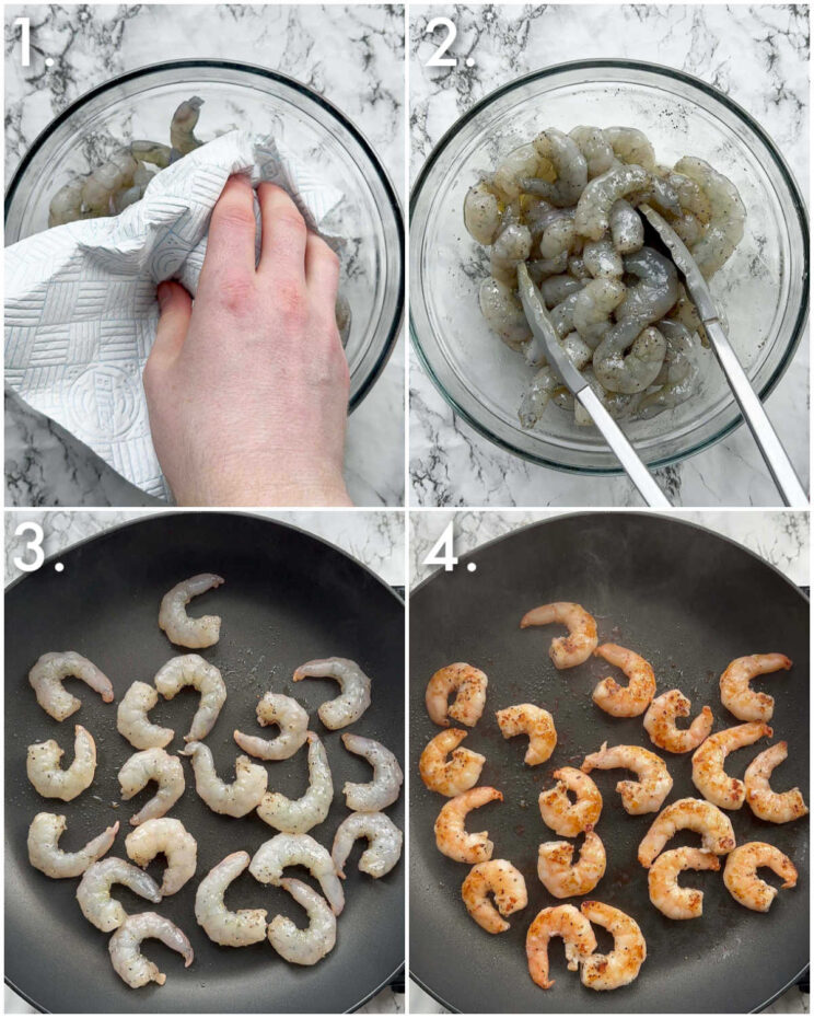 4 step by step photos showing how to cook prawns